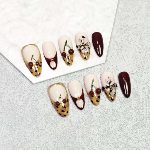 red cherry leopard print  Nail Art