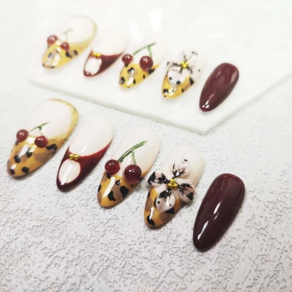 red cherry leopard print  Nail Art