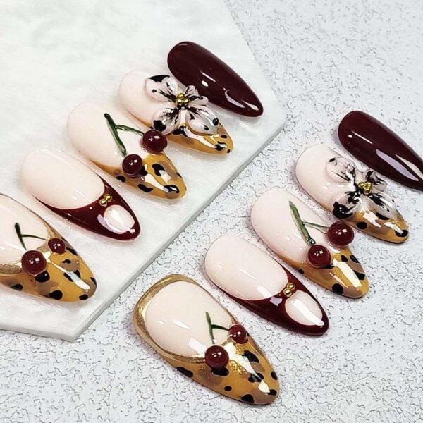 red cherry leopard print  Nail Art